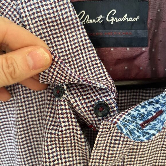 Robert Graham Burgundy Blue Small Pattern Contrasting Floral Cuffs Dress Shirt - Picture 9 of 11